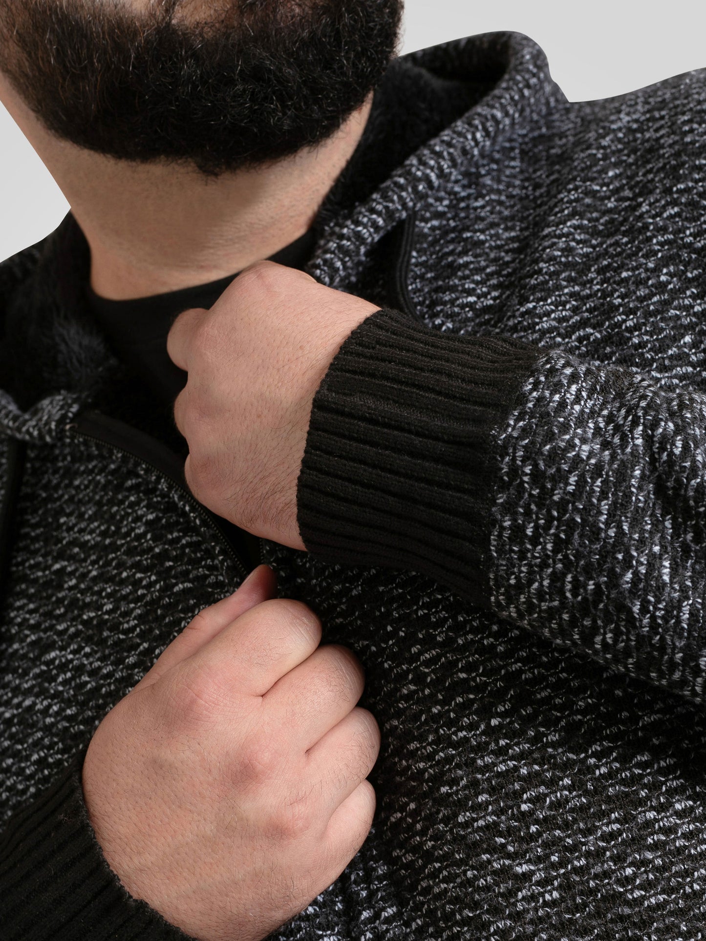 FAREHAM -D555 Black Knitted Hoody with Bonded Sherpa Lining