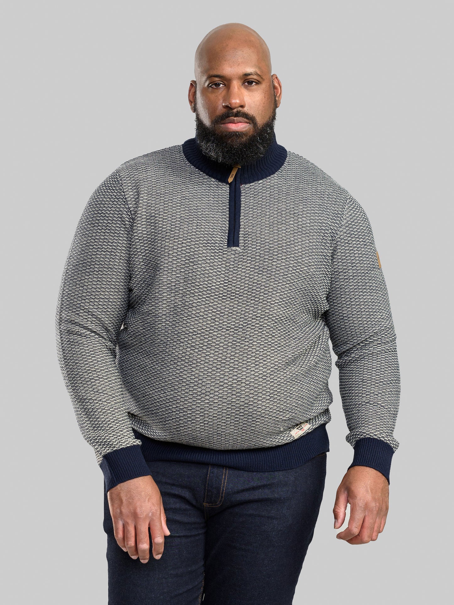 WARMINSTER -D555 Navy/Ecru Jacquard Fashion Knit Funnel Neck Zipper Jumper