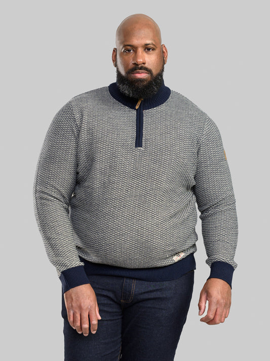 WARMINSTER -D555 Navy/Ecru Jacquard Fashion Knit Funnel Neck Zipper Jumper
