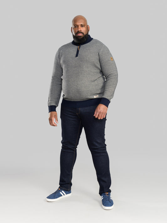 WARMINSTER -D555 Navy/Ecru Jacquard Fashion Knit Funnel Neck Zipper Jumper