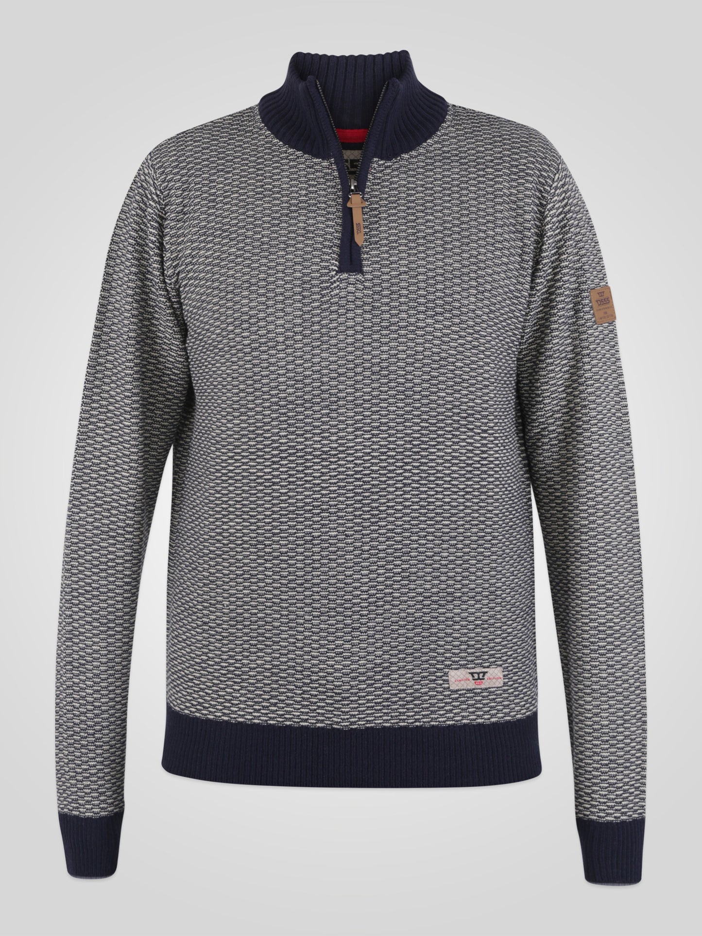 WARMINSTER -D555 Navy/Ecru Jacquard Fashion Knit Funnel Neck Zipper Jumper
