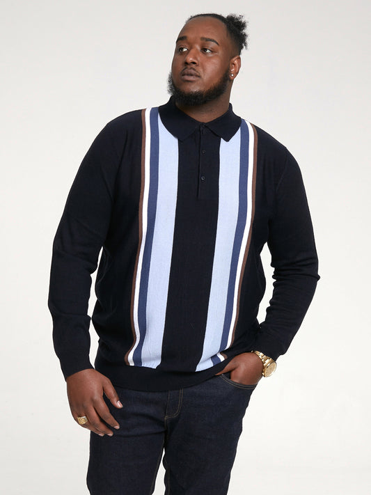 DARLEY -D555 Navy Blue L/S Knitted Polo with Vertical Stripes