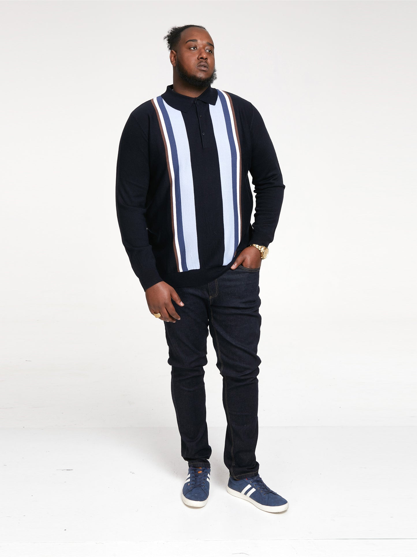 DARLEY -D555 Navy Blue L/S Knitted Polo with Vertical Stripes