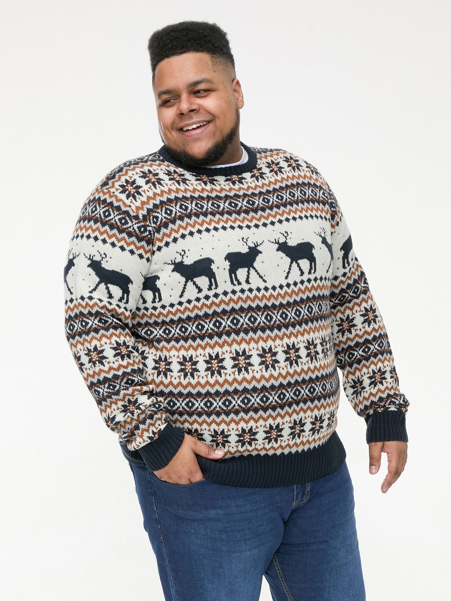 ANTLER -D555 Navy/Ecru Crew Neck Reindeer Xmas Sweater