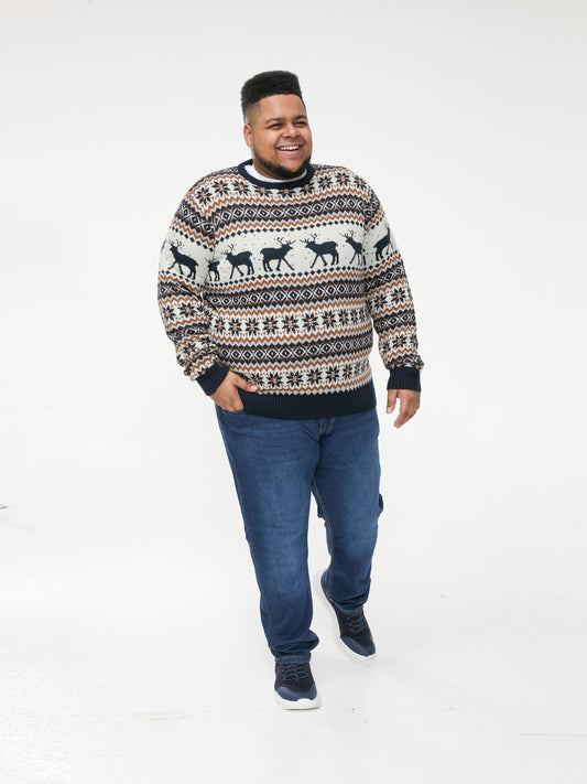 ANTLER -D555 Navy/Ecru Crew Neck Reindeer Xmas Sweater