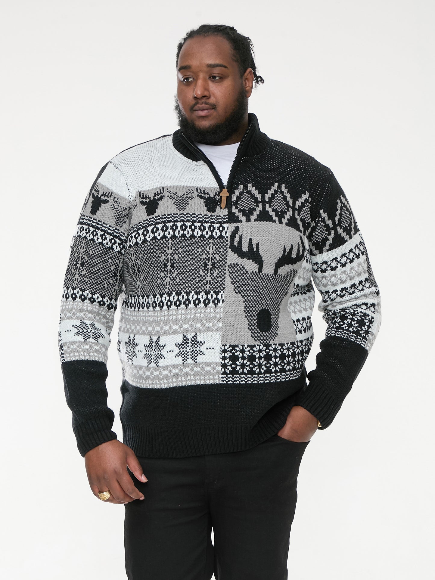 ICICLE -D555 Black 1/4 Zip Neck Stag Xmas Sweater