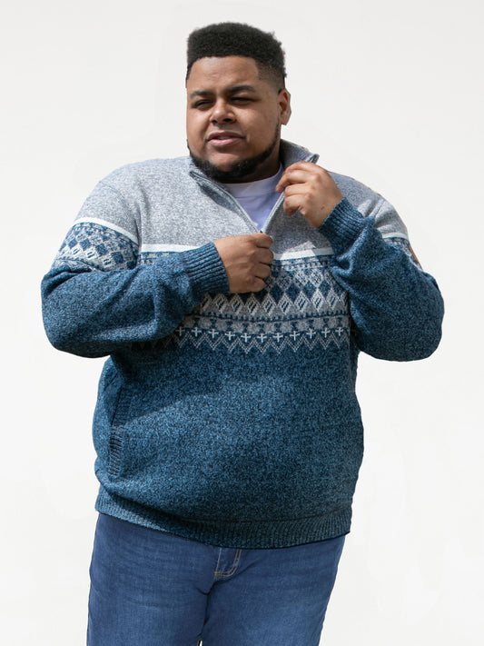 RUDDINGTON -D555 Blue 1/4 Zip Neck Fairisle Jumper with Bonded Check Lining