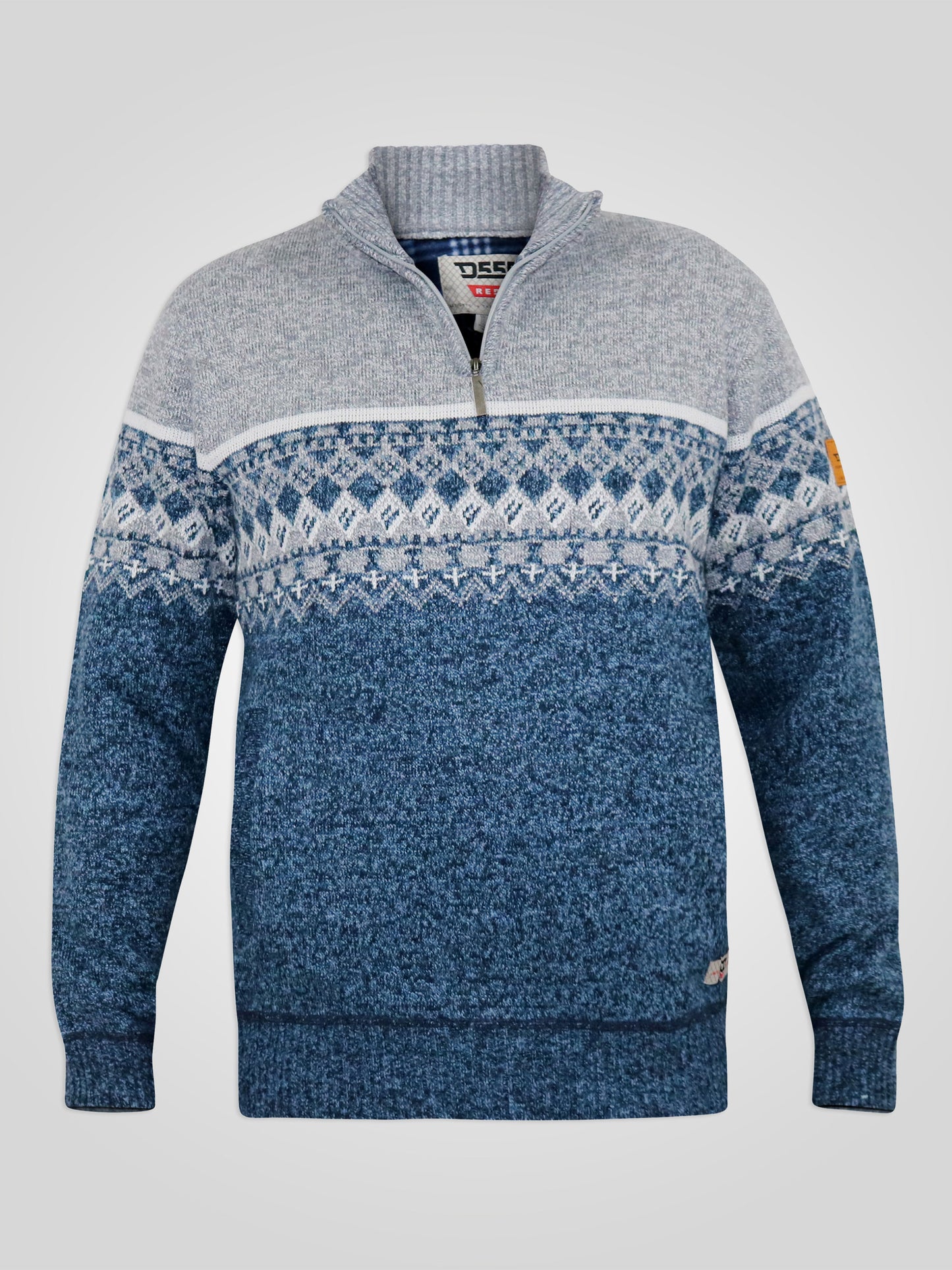 RUDDINGTON -D555 Blue 1/4 Zip Neck Fairisle Jumper with Bonded Check Lining