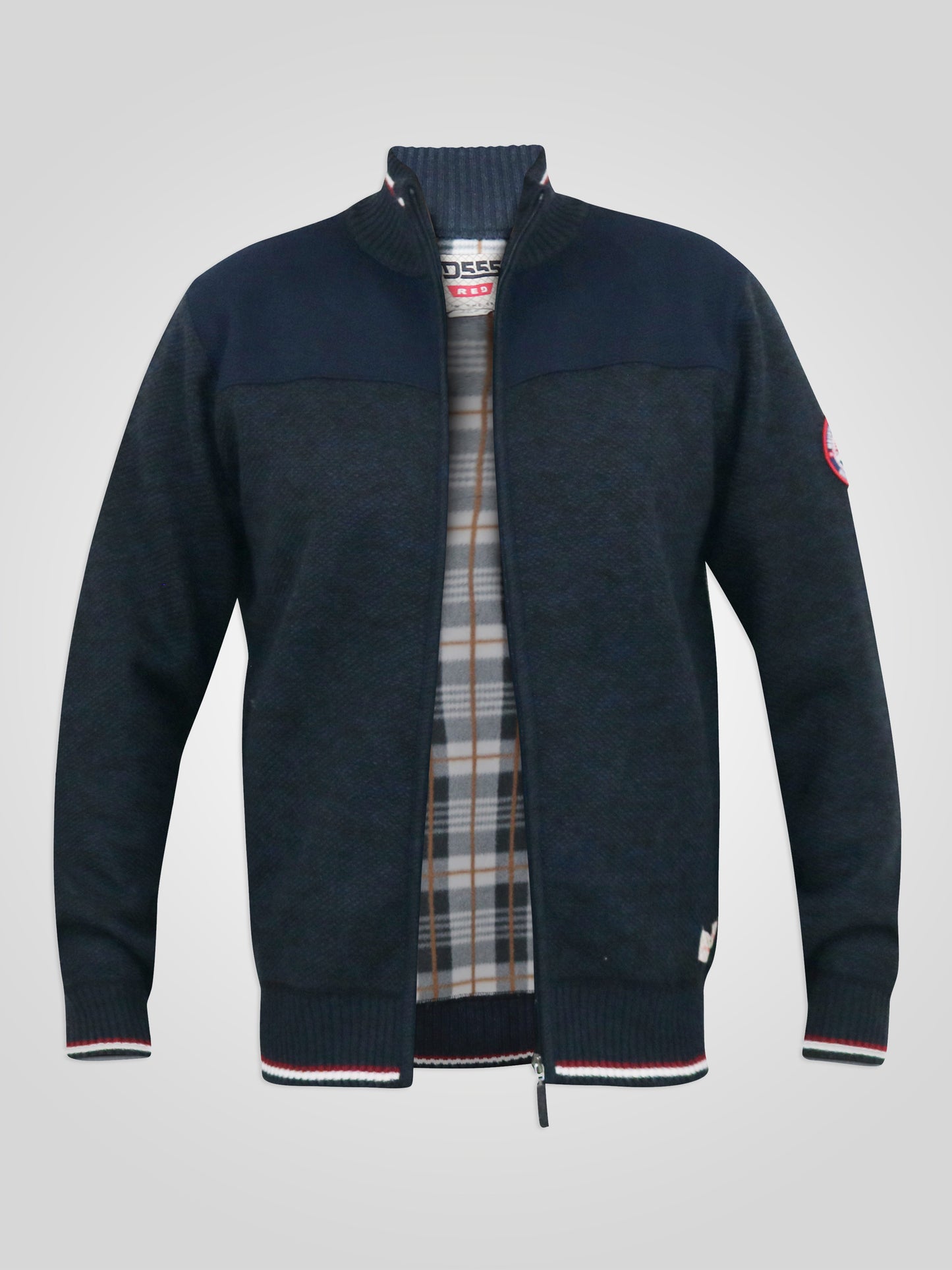 ABERDARE 1 -D555 Navy Blue Marl Bonded Check Lined Knitted Zip Through Sweater