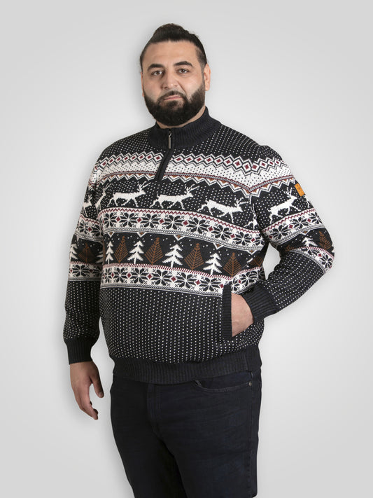 NICHOLAS -D555 Navy Blue 1/4 Zip Bonded Check Lined Knitted Christmas Jumper
