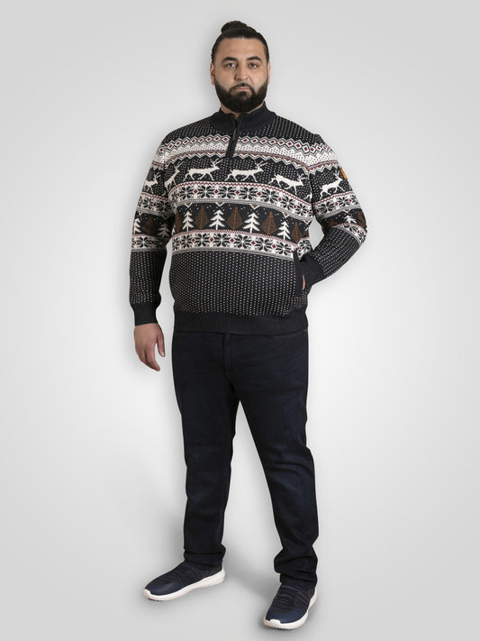 NICHOLAS -D555 Navy Blue 1/4 Zip Bonded Check Lined Knitted Christmas Jumper