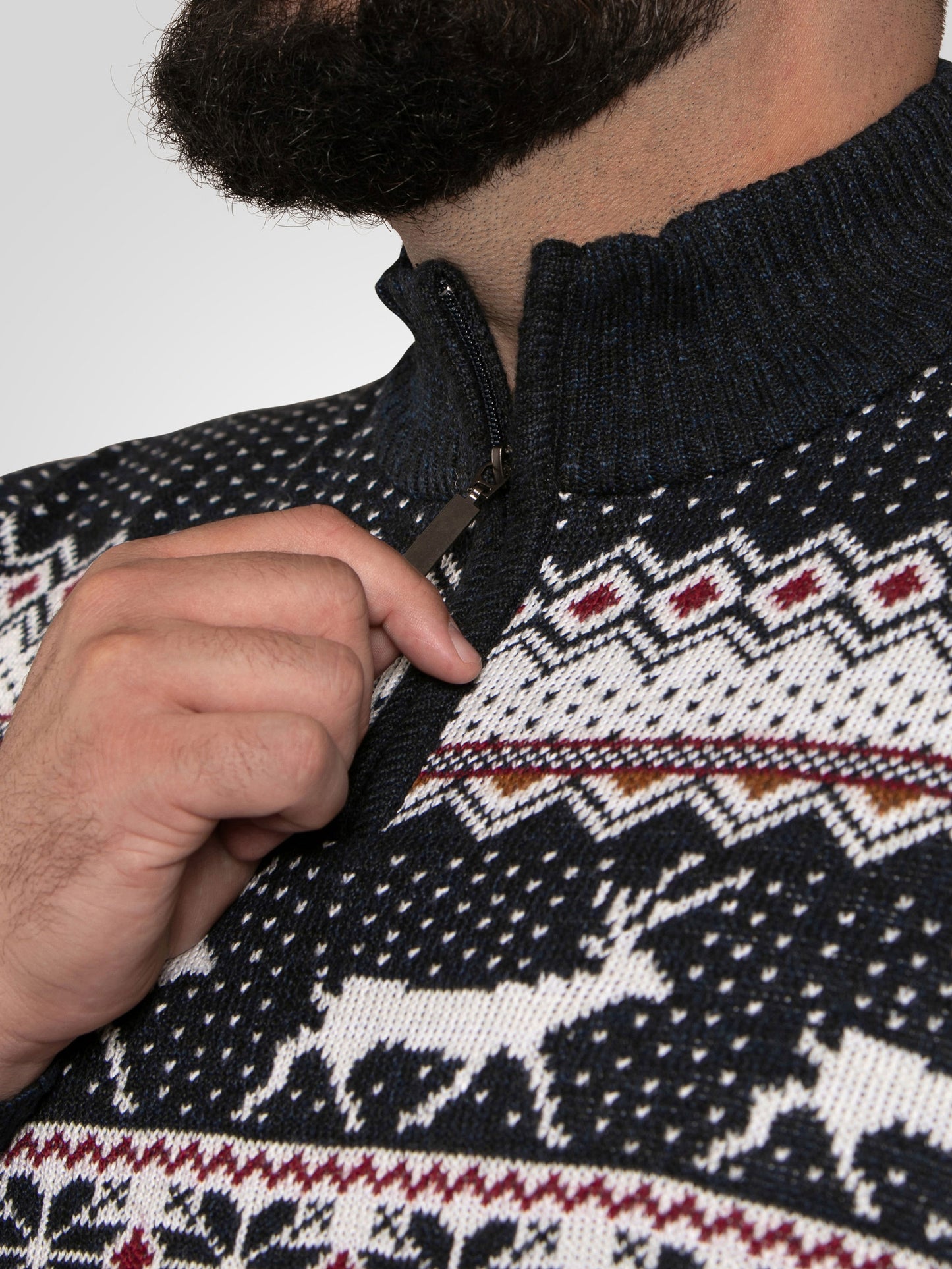 NICHOLAS -D555 Navy Blue 1/4 Zip Bonded Check Lined Knitted Christmas Jumper