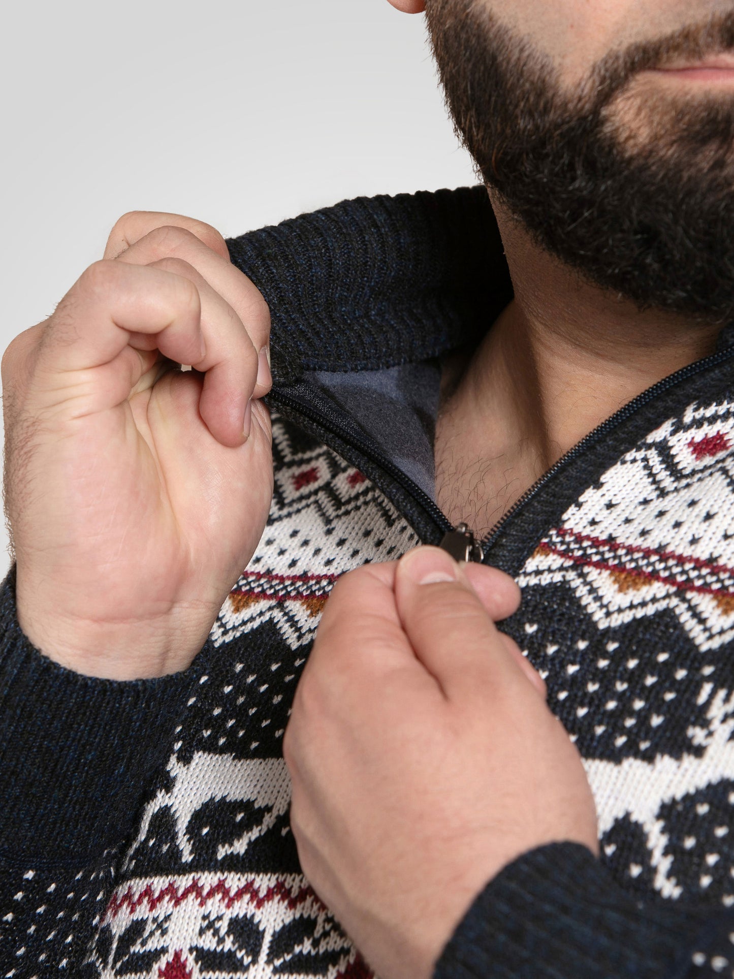 NICHOLAS -D555 Navy Blue 1/4 Zip Bonded Check Lined Knitted Christmas Jumper