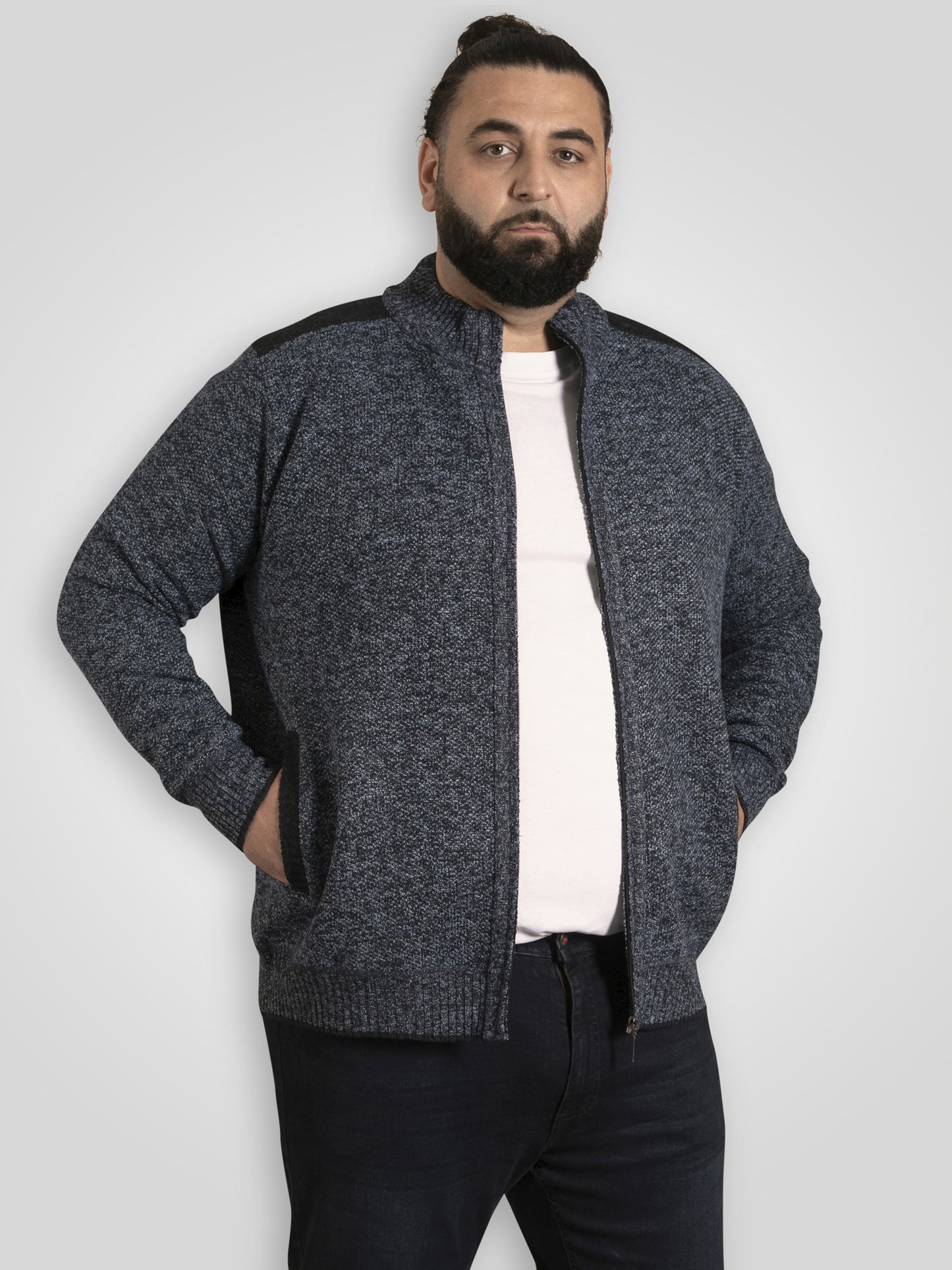 DEREHAM 1 -D555 Blue Marl Knitted Zip Through Sweater with Bonded Check Lining