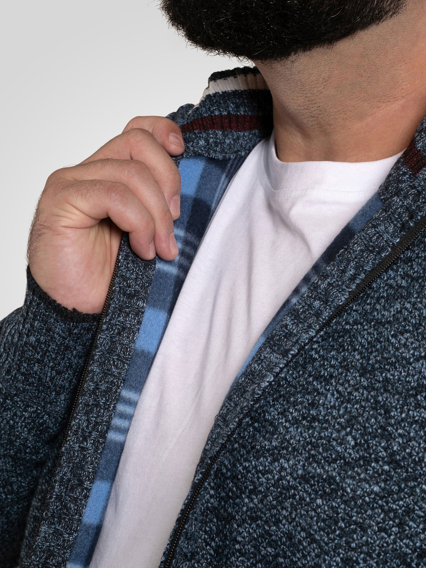 DEREHAM 1 -D555 Blue Marl Knitted Zip Through Sweater with Bonded Check Lining