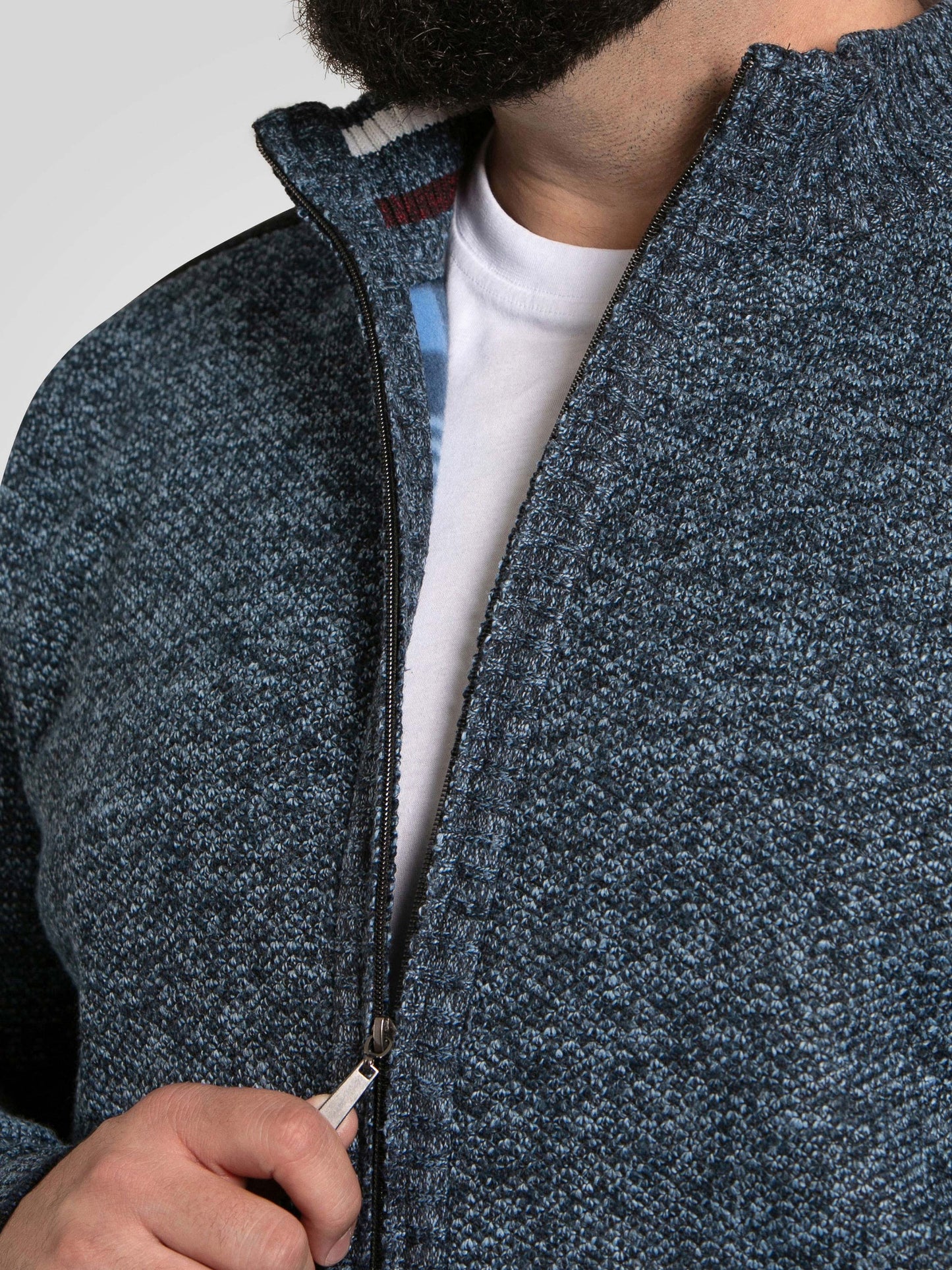 DEREHAM 1 -D555 Blue Marl Knitted Zip Through Sweater with Bonded Check Lining