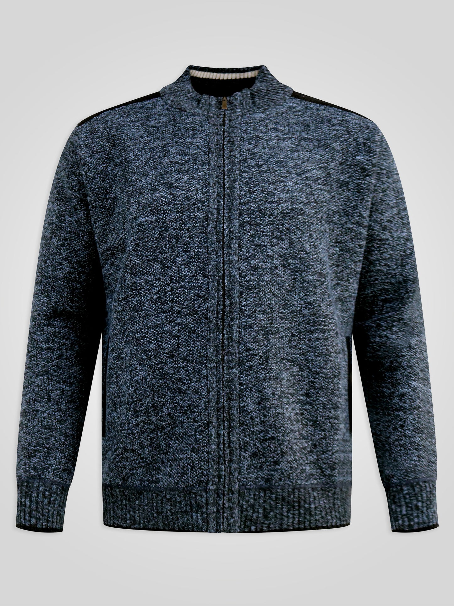 DEREHAM 1 -D555 Blue Marl Knitted Zip Through Sweater with Bonded Check Lining