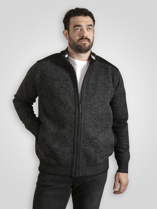 DEREHAM 2 -D555 Charcoal Marl Bonded Check Lined Knitted Zip Through Sweater