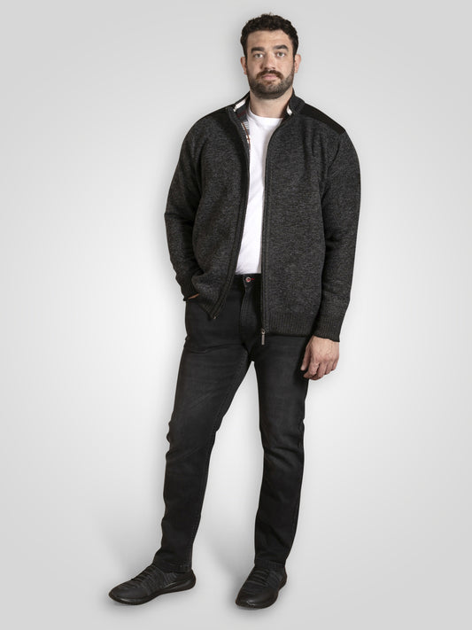 DEREHAM 2 -D555 Charcoal Marl Bonded Check Lined Knitted Zip Through Sweater