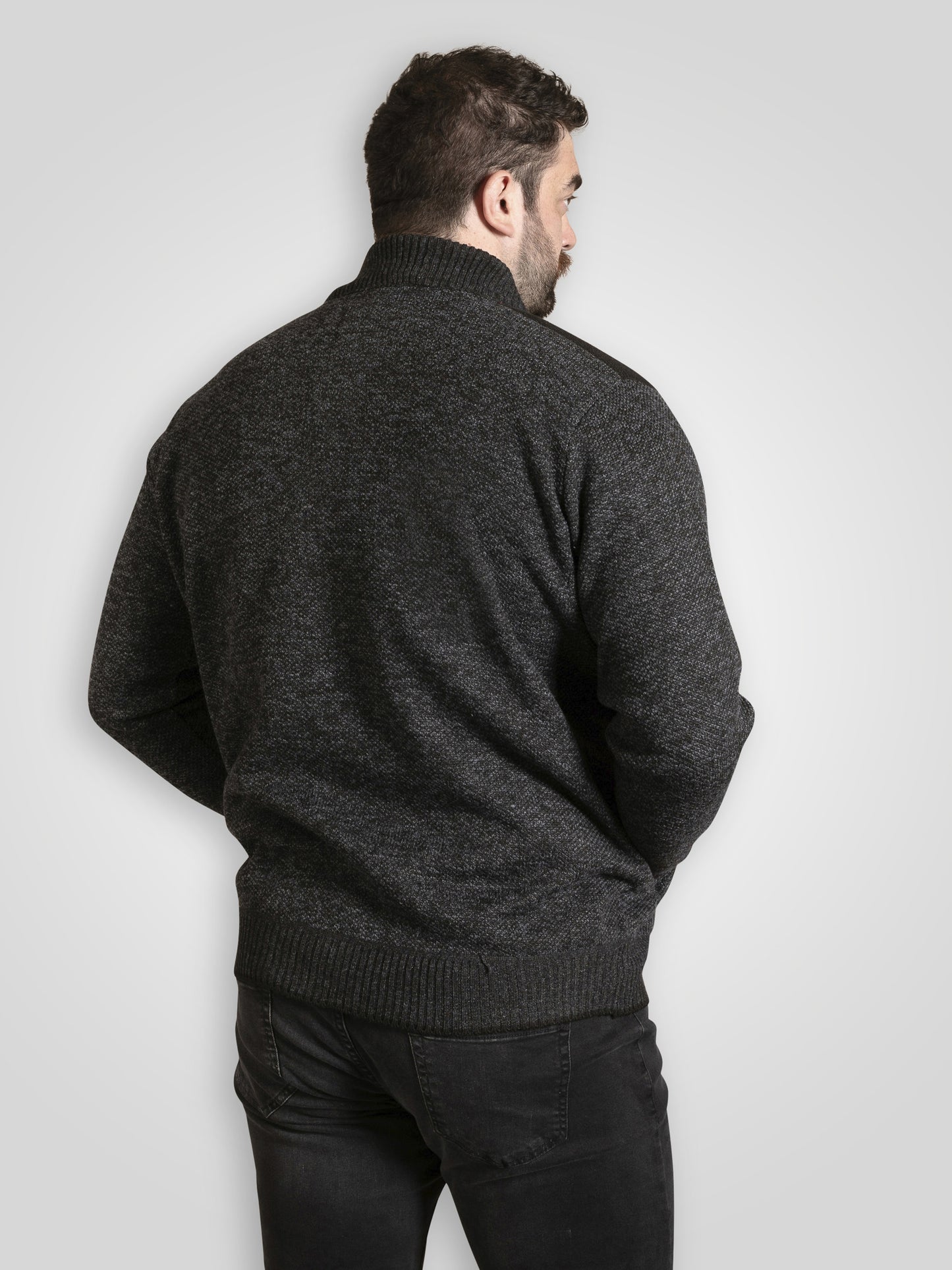 DEREHAM 2 -D555 Charcoal Marl Bonded Check Lined Knitted Zip Through Sweater