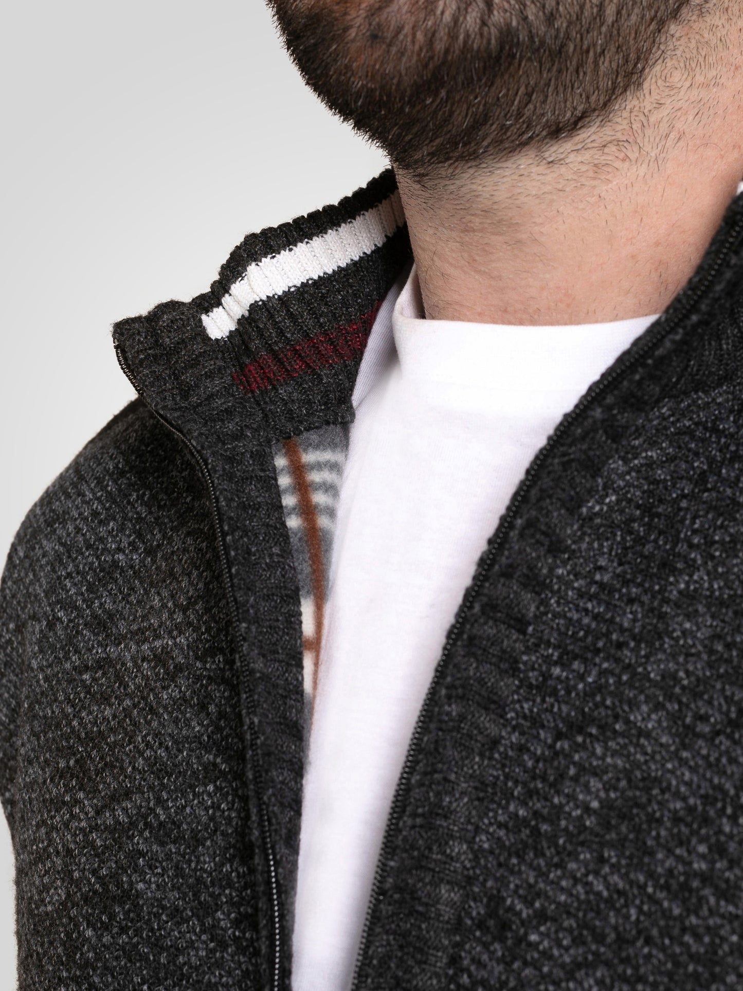DEREHAM 2 -D555 Charcoal Marl Bonded Check Lined Knitted Zip Through Sweater