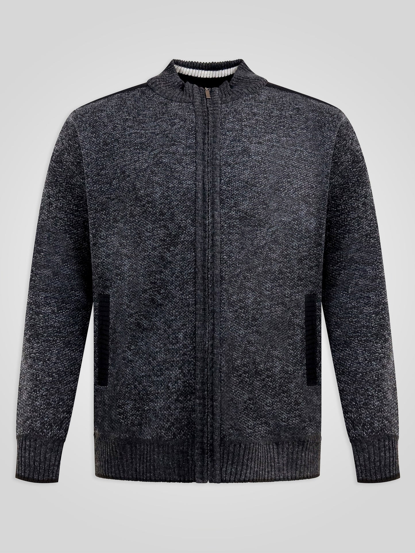 DEREHAM 2 -D555 Charcoal Marl Bonded Check Lined Knitted Zip Through Sweater