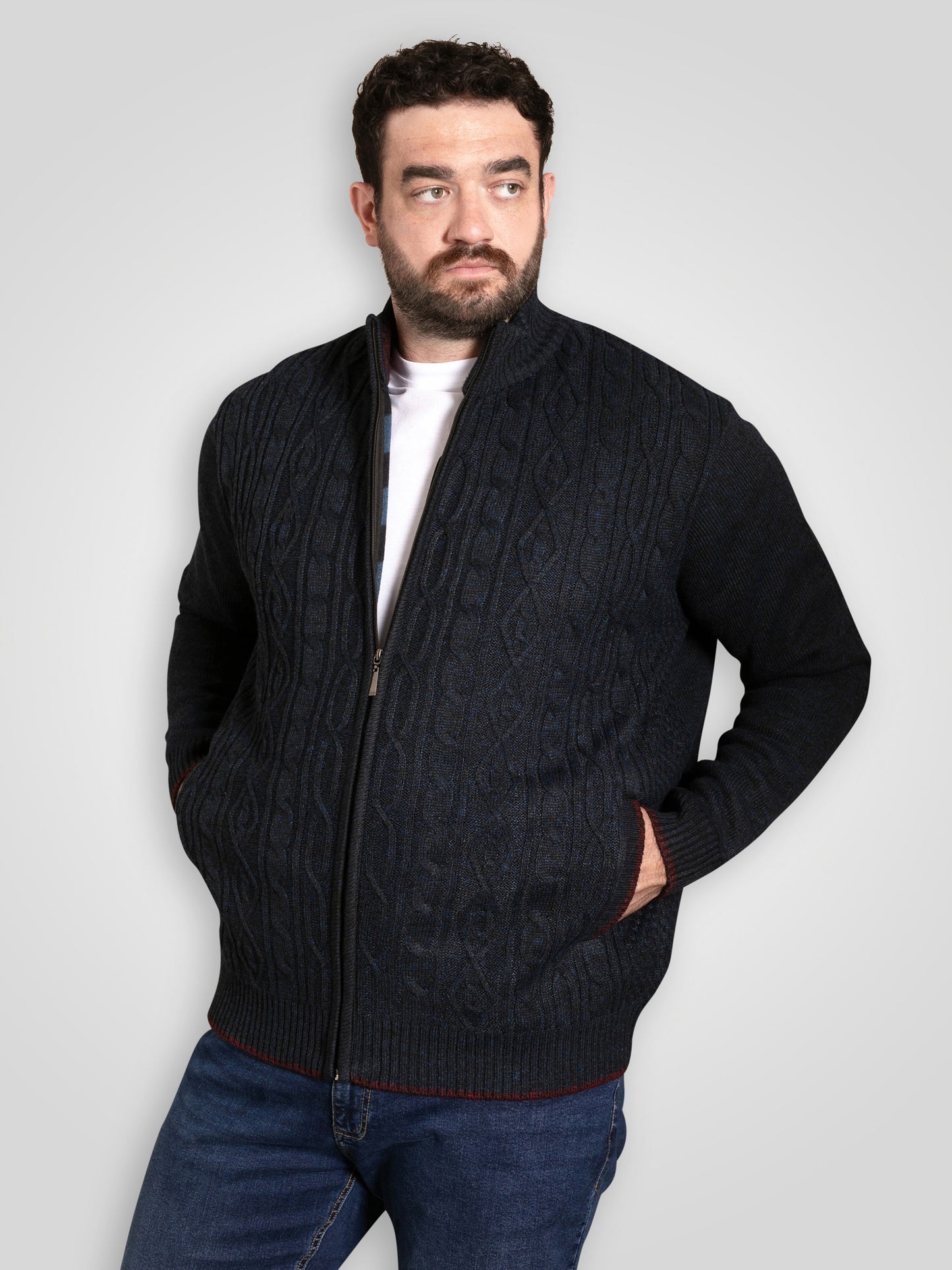 GILLINGHAM -D555 Navy Blue Marl Bonded Knitted Zip Through Cable Sweater
