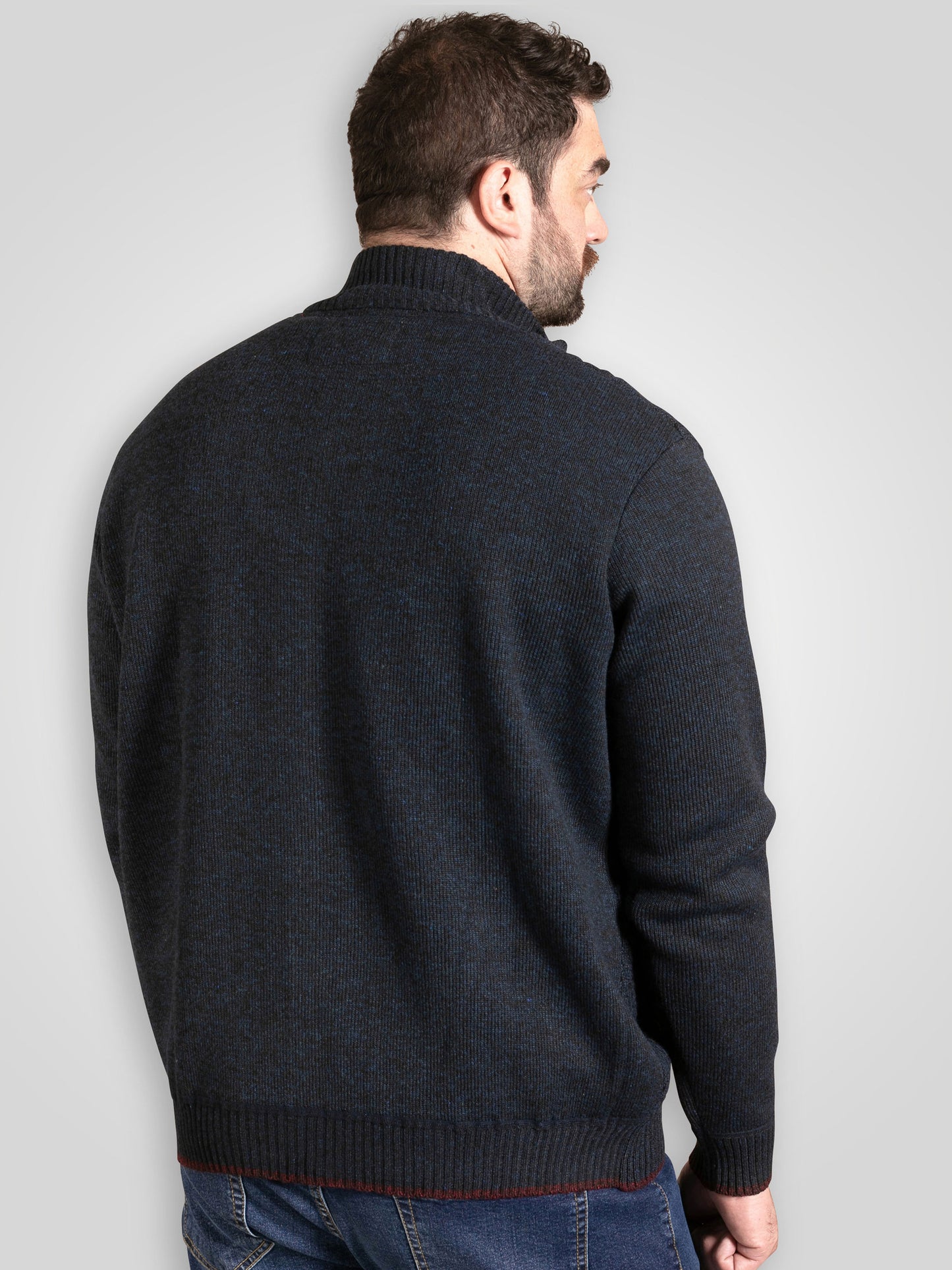 GILLINGHAM -D555 Navy Blue Marl Bonded Knitted Zip Through Cable Sweater