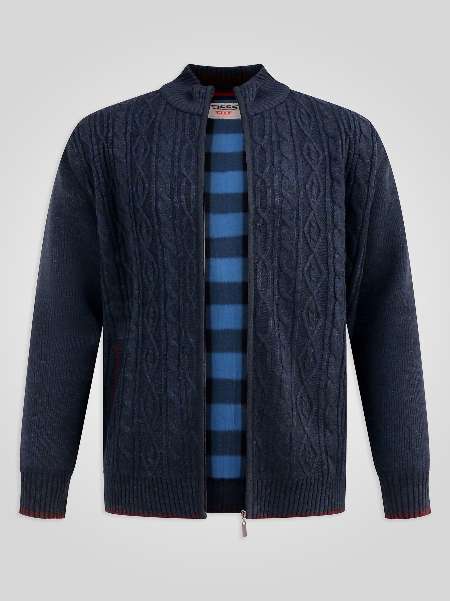 GILLINGHAM -D555 Navy Blue Marl Bonded Knitted Zip Through Cable Sweater
