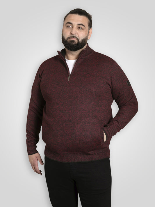 CRAMLINGTON -D555 Burgundy Marl 1/4 Zip Knitted Jumper with Bonded Check Lining