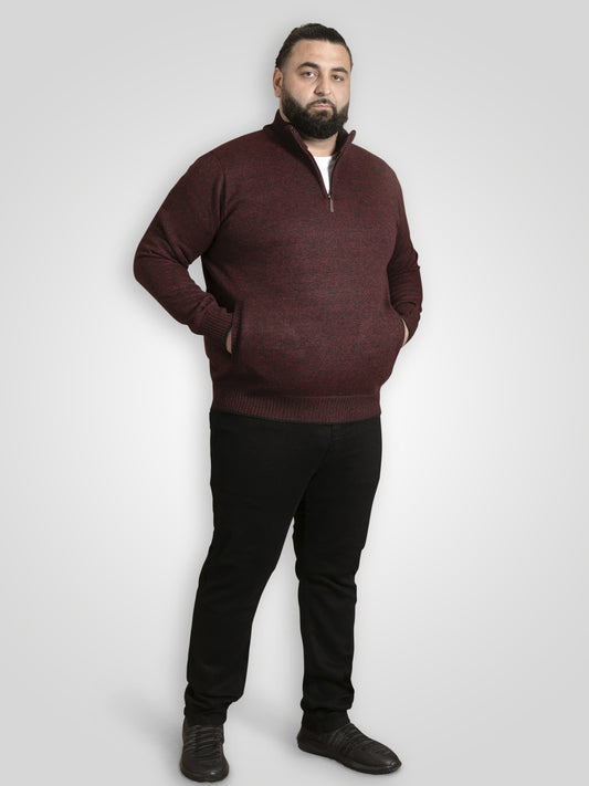 CRAMLINGTON -D555 Burgundy Marl 1/4 Zip Knitted Jumper with Bonded Check Lining