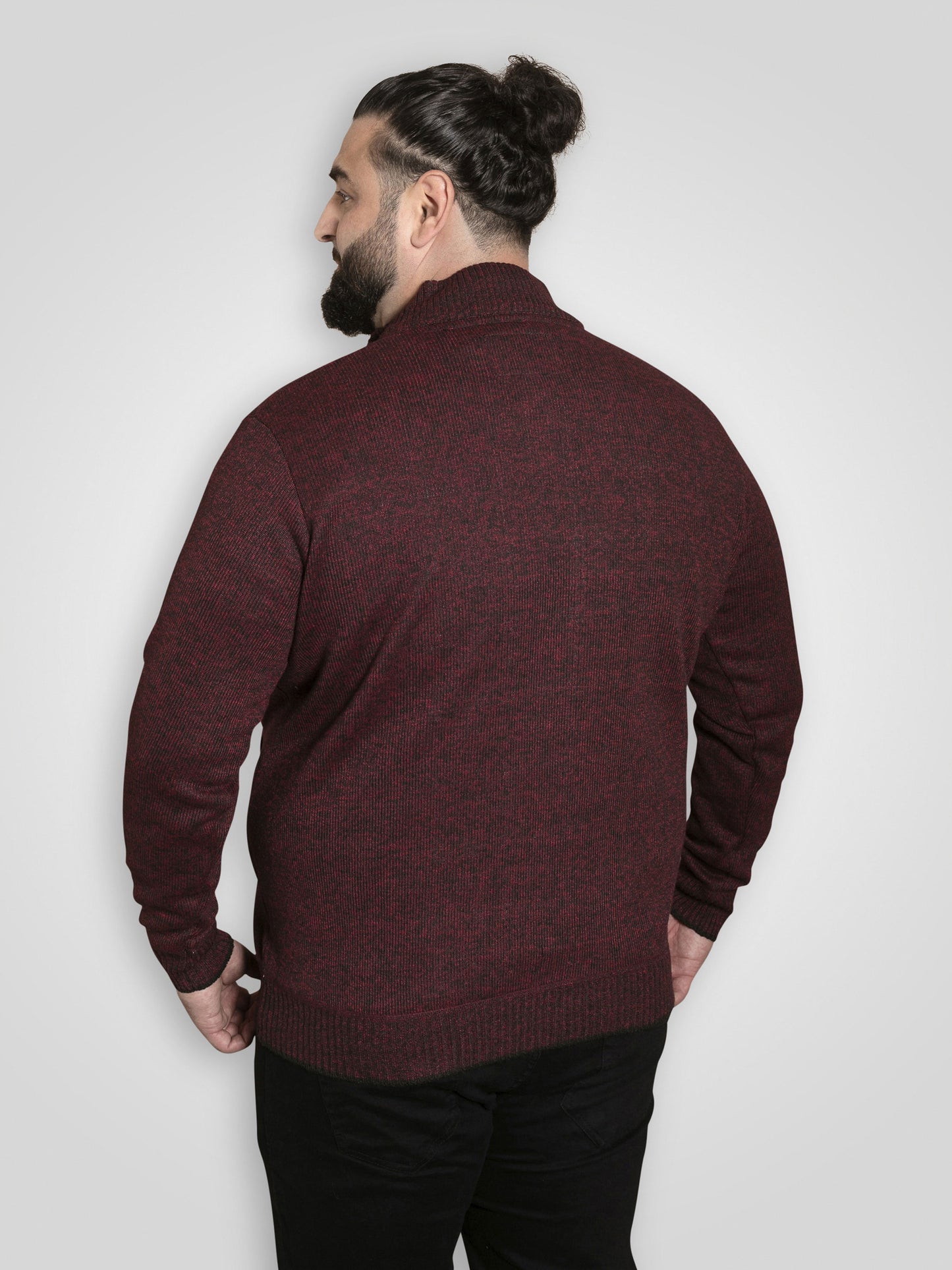 CRAMLINGTON -D555 Burgundy Marl 1/4 Zip Knitted Jumper with Bonded Check Lining