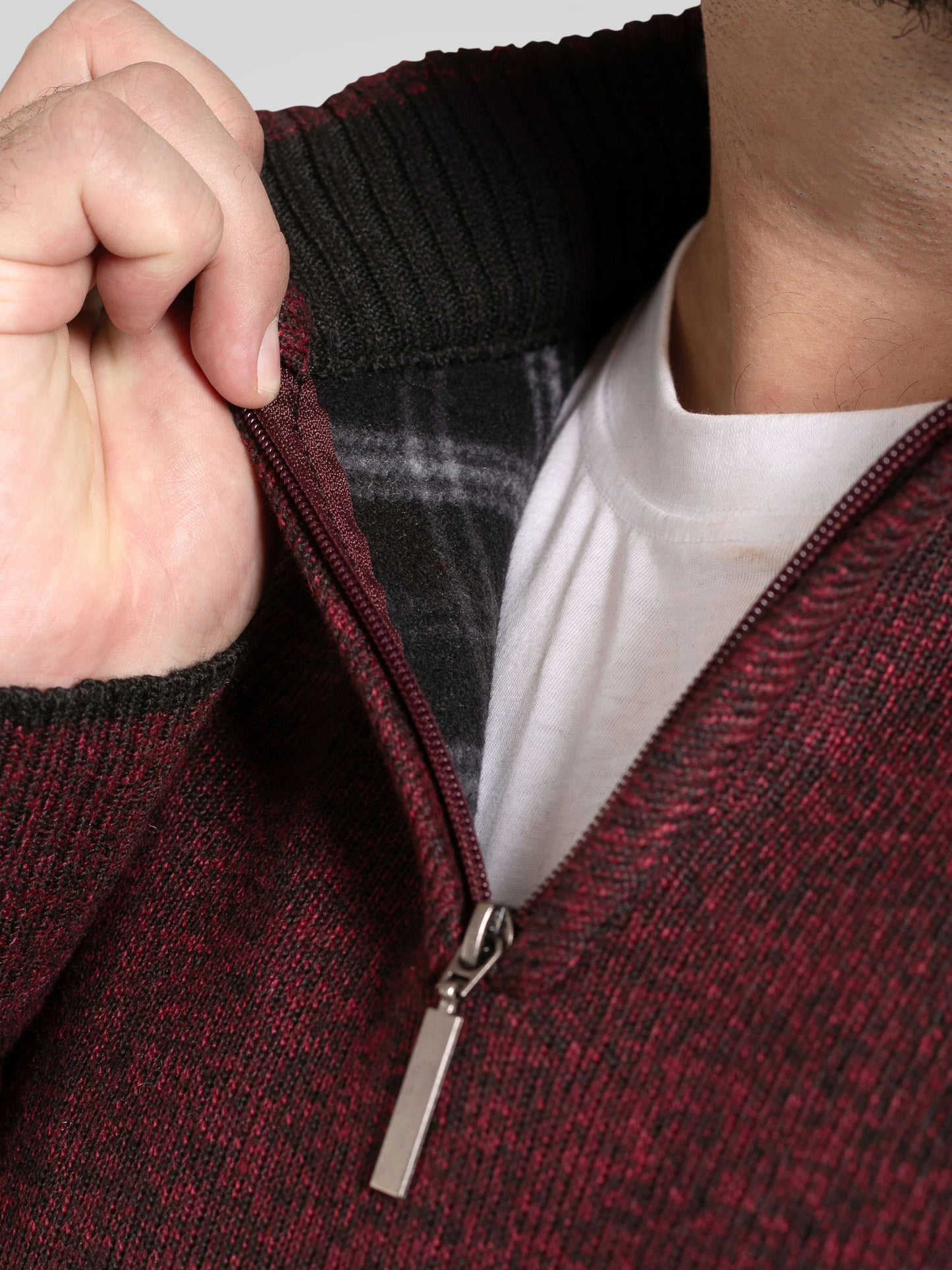 CRAMLINGTON -D555 Burgundy Marl 1/4 Zip Knitted Jumper with Bonded Check Lining
