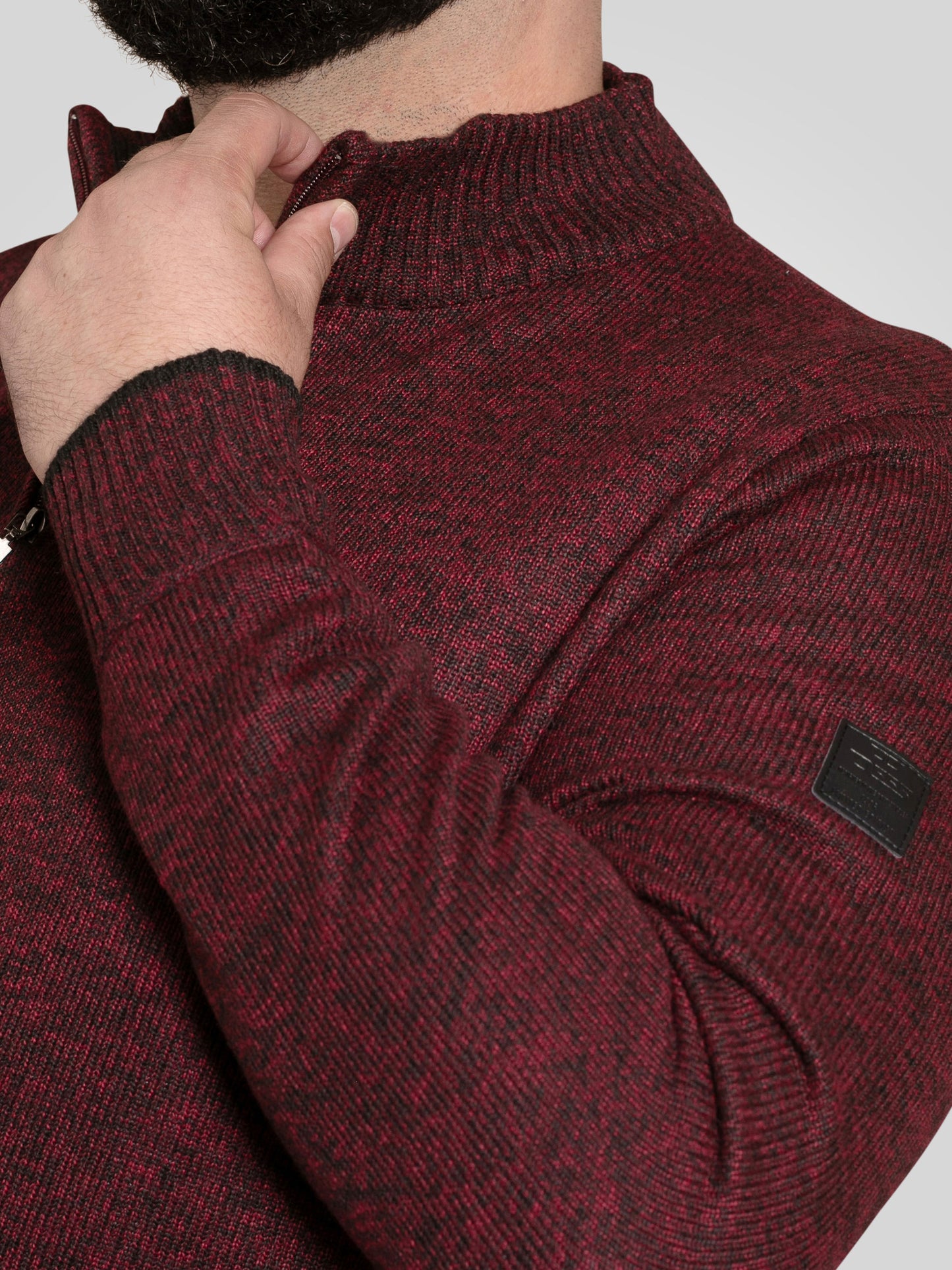 CRAMLINGTON -D555 Burgundy Marl 1/4 Zip Knitted Jumper with Bonded Check Lining
