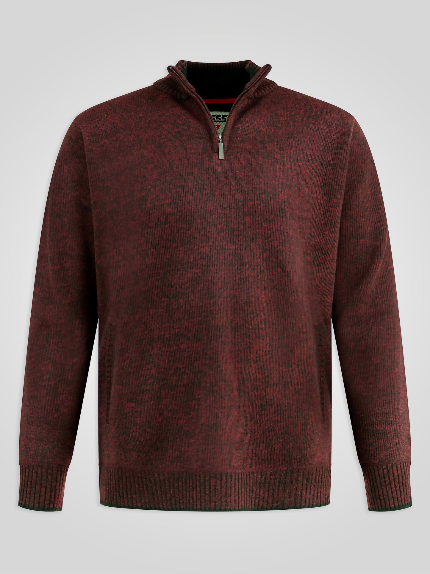 CRAMLINGTON -D555 Burgundy Marl 1/4 Zip Knitted Jumper with Bonded Check Lining