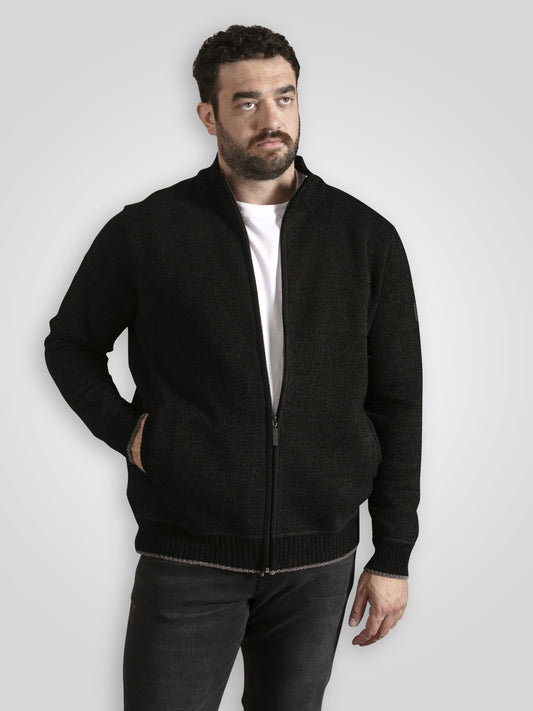ENRIQUE -D555 Black Bonded Check Lined Knitted Chenille Zip Through Sweater