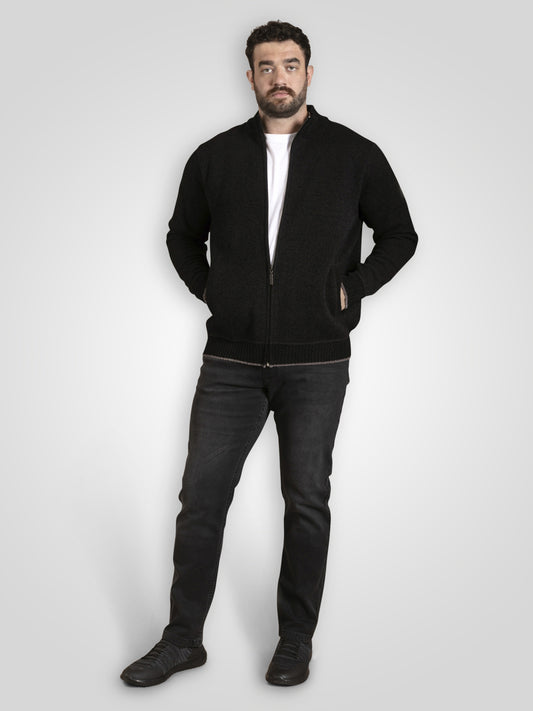 ENRIQUE -D555 Black Bonded Check Lined Knitted Chenille Zip Through Sweater