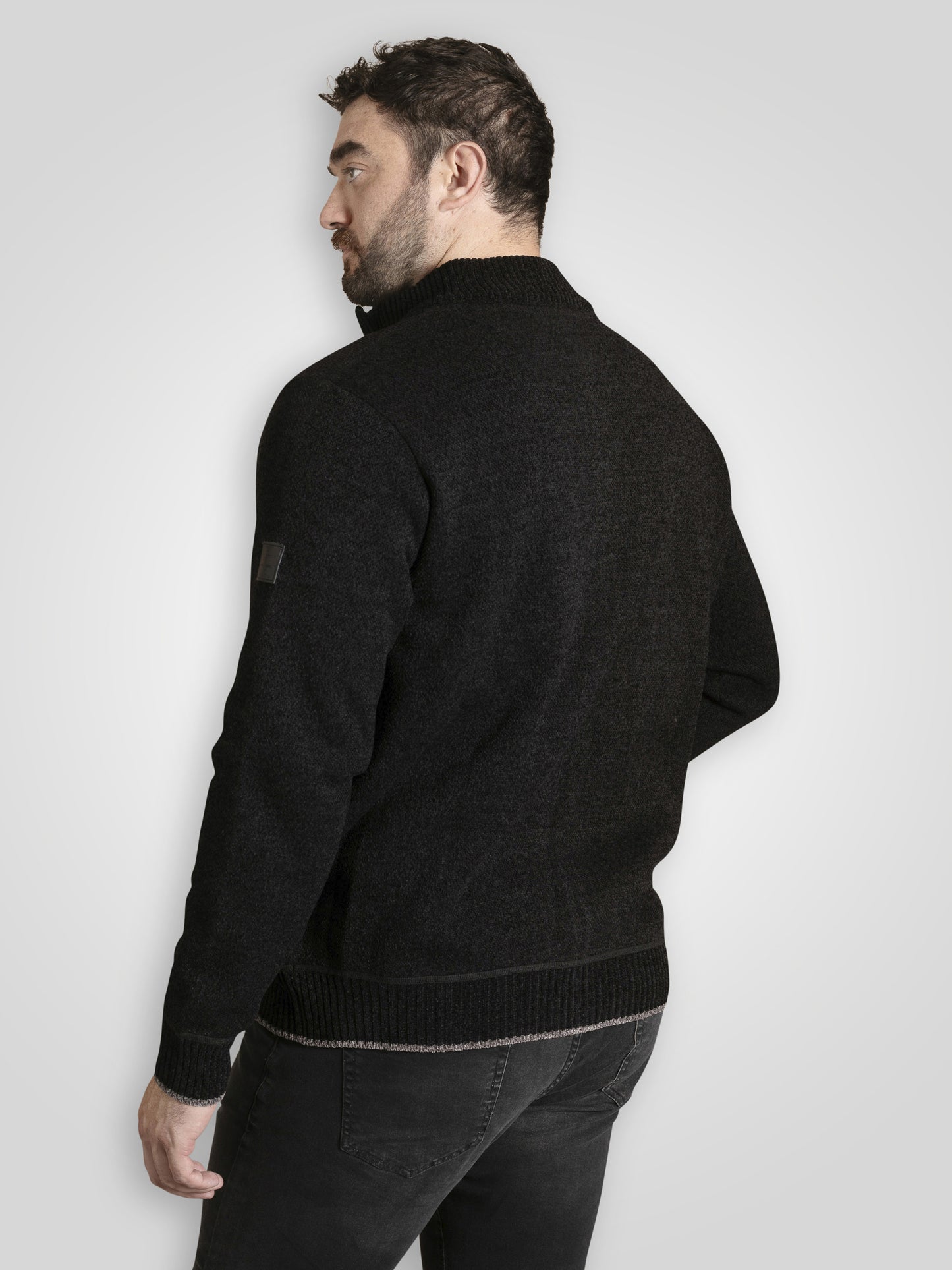 ENRIQUE -D555 Black Bonded Check Lined Knitted Chenille Zip Through Sweater