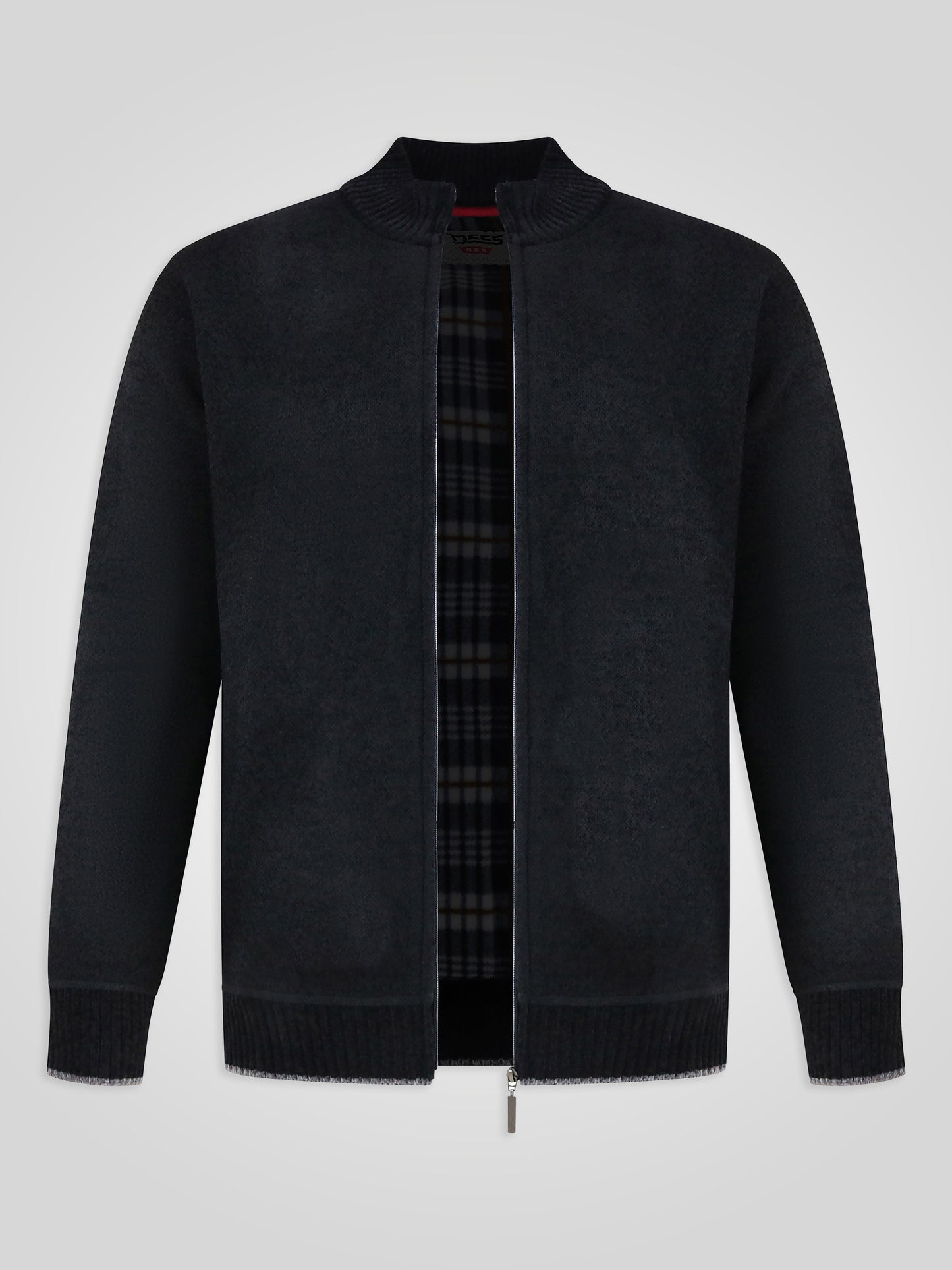 ENRIQUE -D555 Black Bonded Check Lined Knitted Chenille Zip Through Sweater