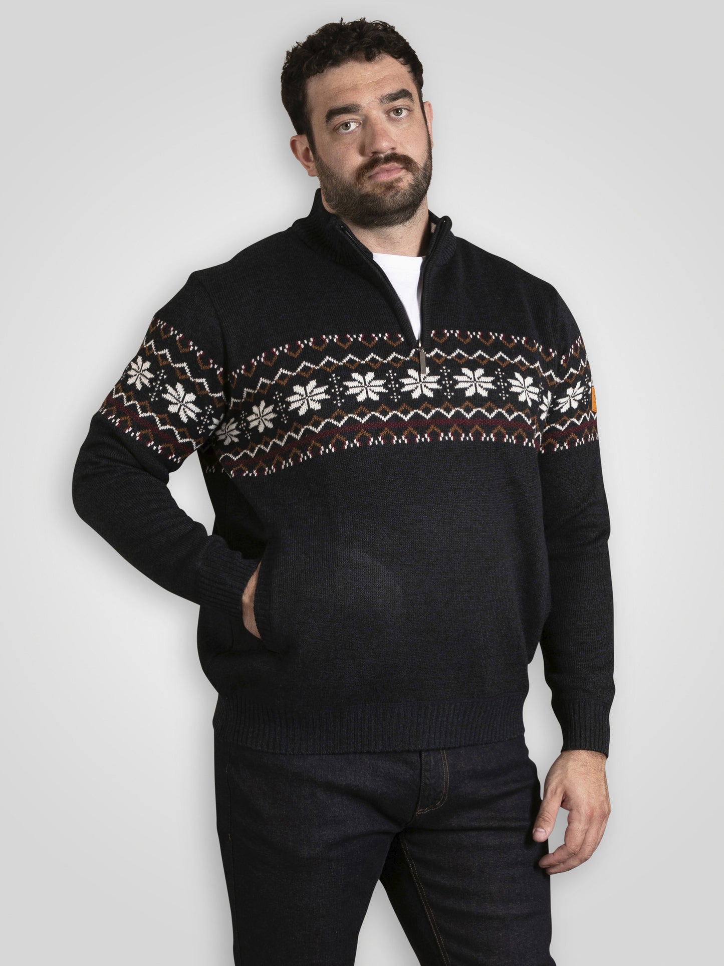 EDINSON -D555 Navy Blue Marl 1/4 Zip Knitted Fairisle Bonded Check Lining Jumper
