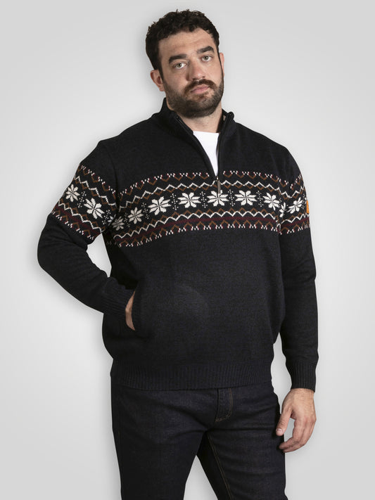 EDINSON -D555 Navy Blue Marl 1/4 Zip Knitted Fairisle Bonded Check Lining Jumper