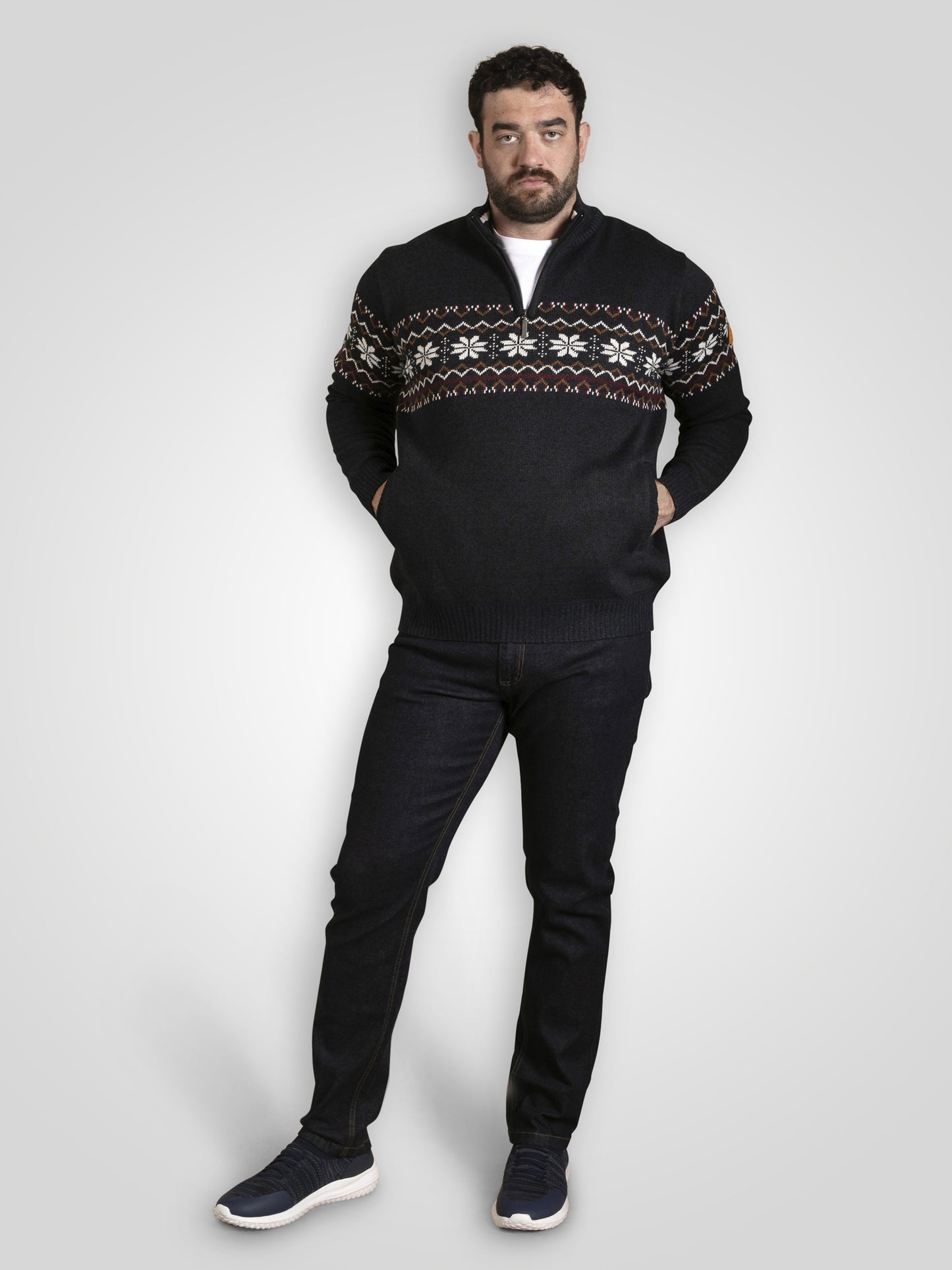 EDINSON -D555 Navy Blue Marl 1/4 Zip Knitted Fairisle Bonded Check Lining Jumper