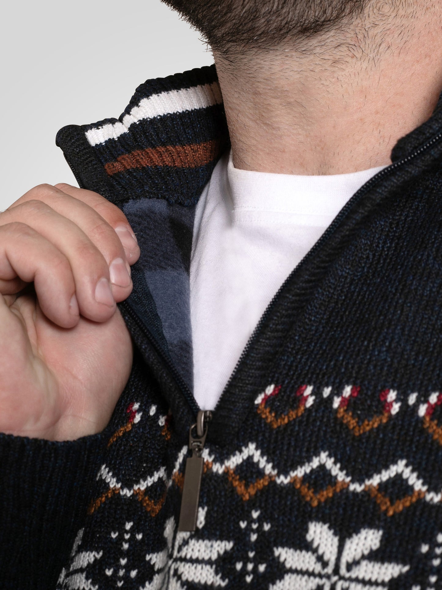 EDINSON -D555 Navy Blue Marl 1/4 Zip Knitted Fairisle Bonded Check Lining Jumper