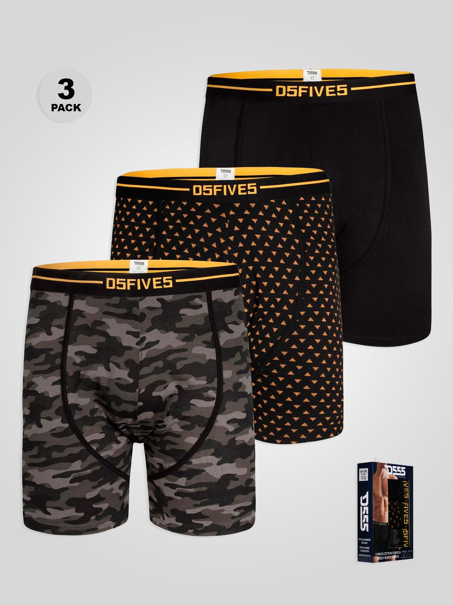 SYLVESTER -D555 Black Pack Of 3 Cotton Stretch Printed Boxer Shorts