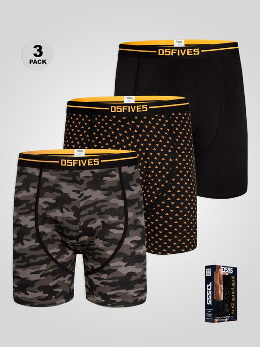 SYLVESTER -D555 Black Pack Of 3 Cotton Stretch Printed Boxer Shorts