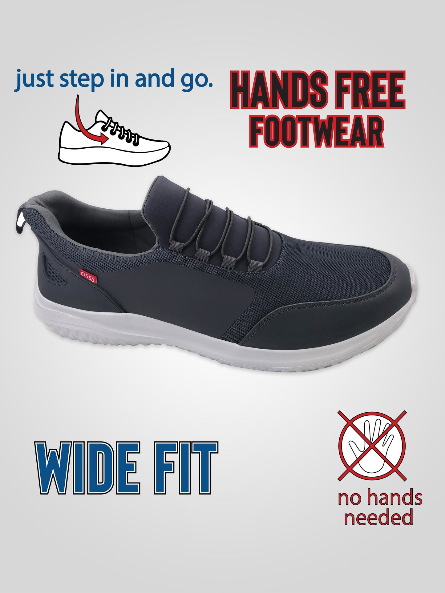 DONCASTER 2 -D555 Dark Grey Kingsize Hands Free Shoes with Pu & Faux Laces