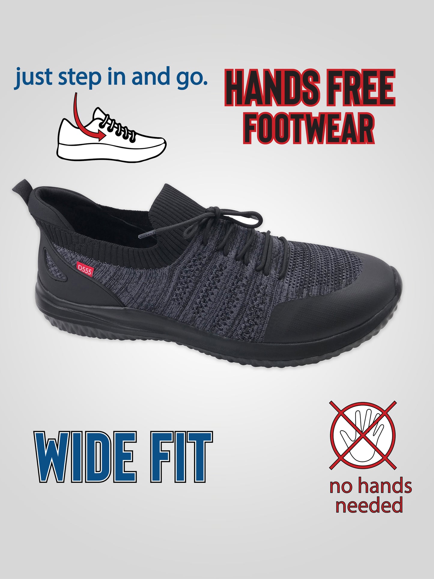 AYLESBURY 1 -D555 Black Marl Kingsize Hands Free Knitted Shoes Faux Laces