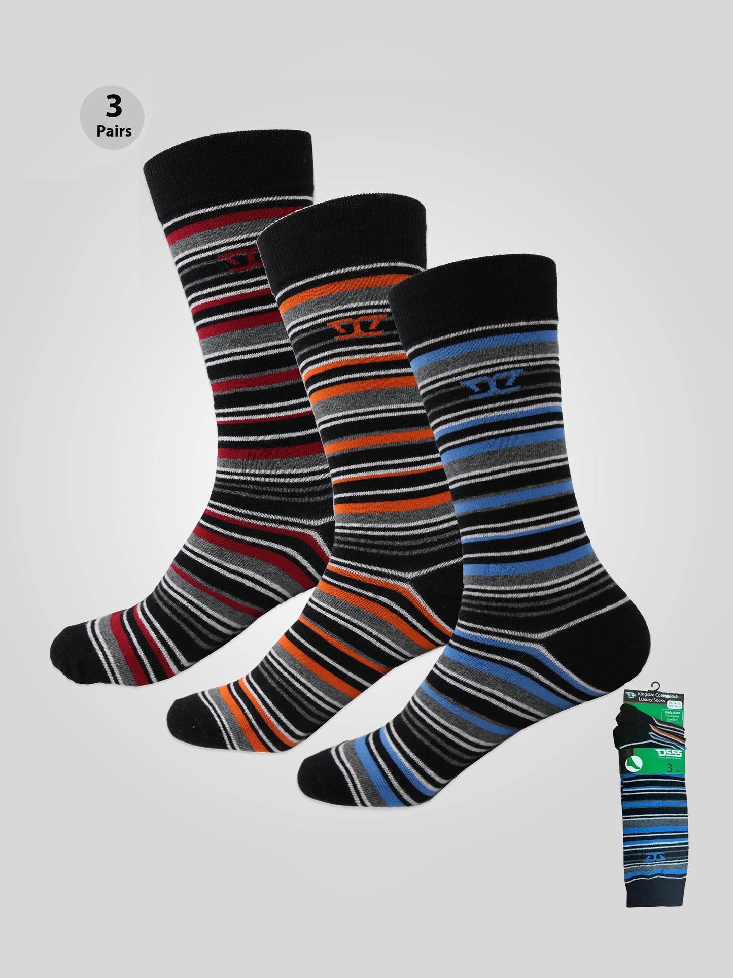 ROXTON -D555 Blue/Orange/Red Cotton Rich Luxury Stripe Socks 3 Pair Pack