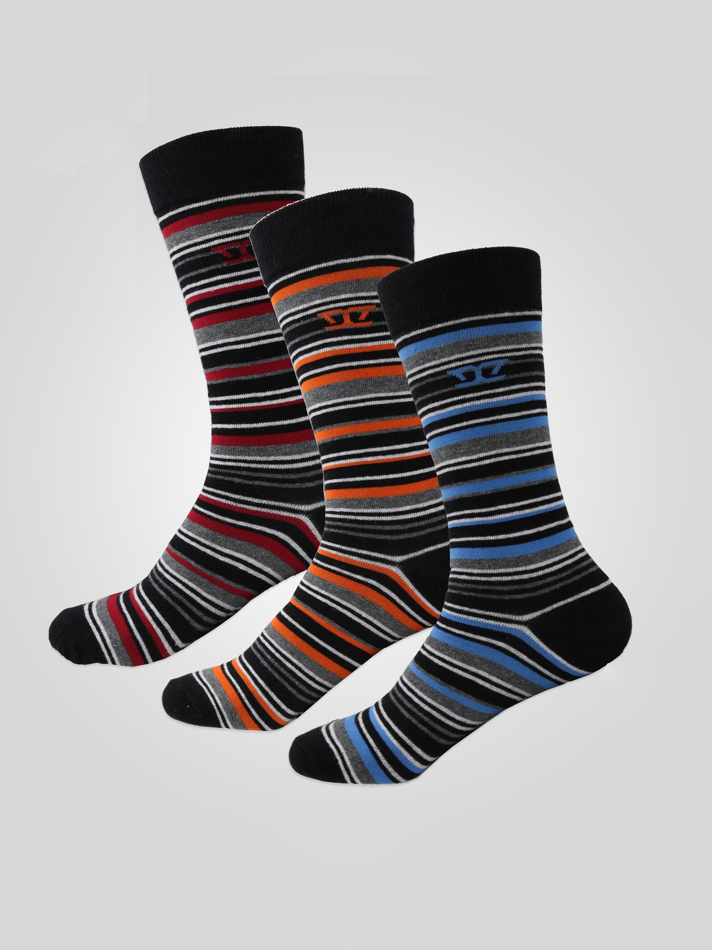 ROXTON -D555 Blue/Orange/Red Cotton Rich Luxury Stripe Socks 3 Pair Pack