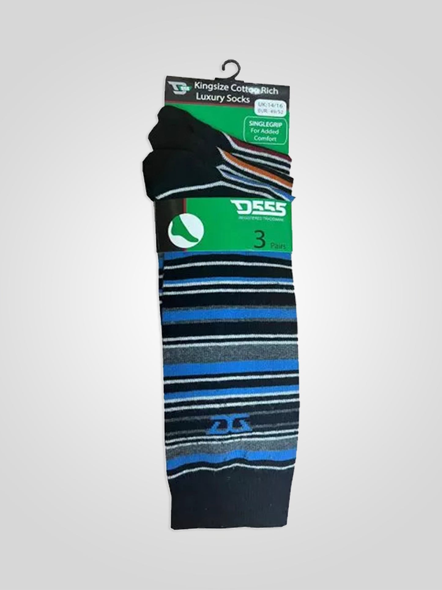 ROXTON -D555 Blue/Orange/Red Cotton Rich Luxury Stripe Socks 3 Pair Pack